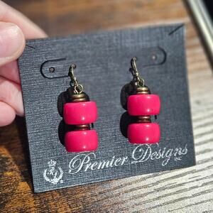 Premier Designs Antiqued Matte Brass Plated Earrings w/ Dark Pink Acrylic Beads